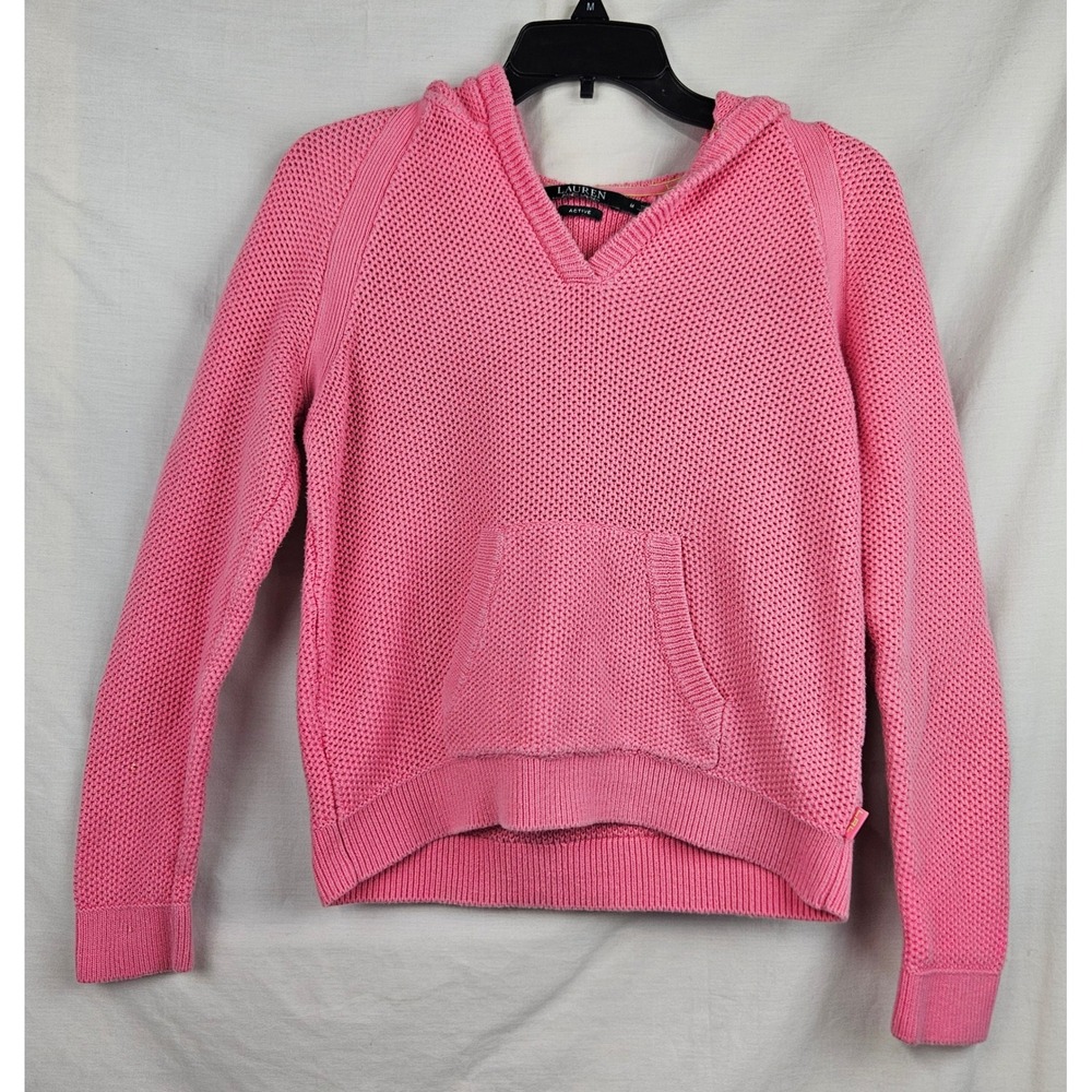 Lauren Ralph Lauren Active Pink Waffle Knit Hooded Sweater Womens Medium Cotton